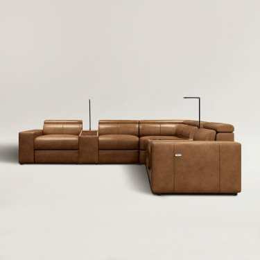 Piora Leather Modular Electric Recliners Lounge with USB chargers/Headrests/Footrests in Tan/Oatmeal/Black colour-With 2 Console