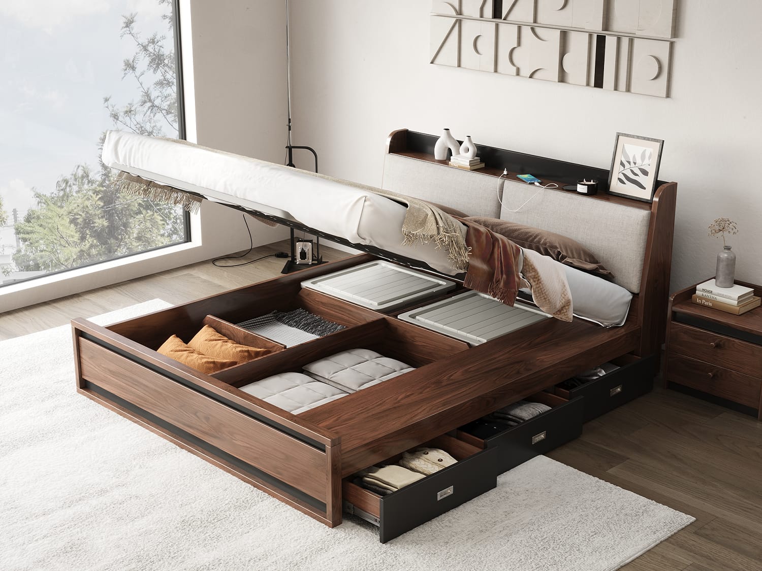 Janice Wooden Multi Functional Gas Lift Bed With StorageQueen/King