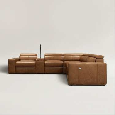 Piora Leather Modular Electric Recliners Lounge with USB chargers/Headrests/Footrests in Tan/Oatmeal/Black colour-With One Console