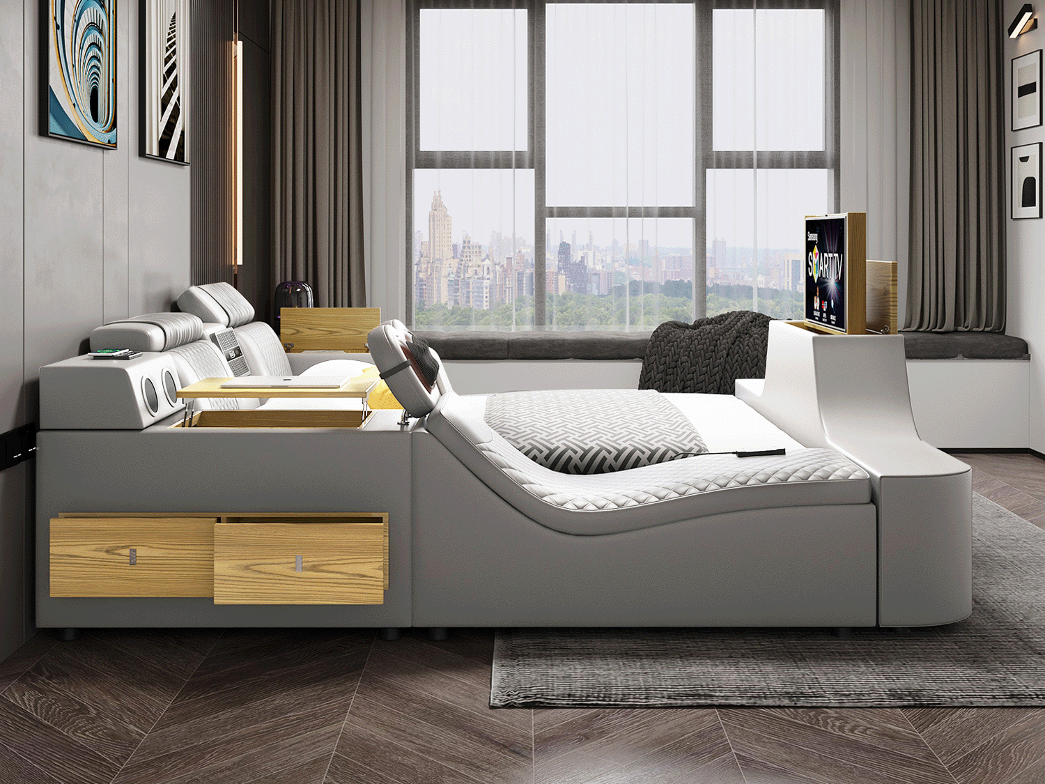 Clinton Multi-Functional Smart Bed With TV/Projector-White/Black in  Queen/King size