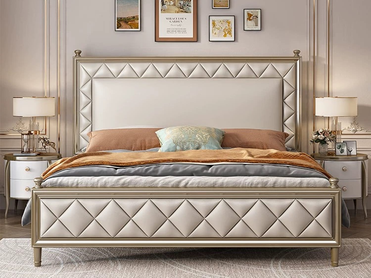 Hesse Deluxe Leather Bed Frame with Handcrafted Carving-Queen/King ...