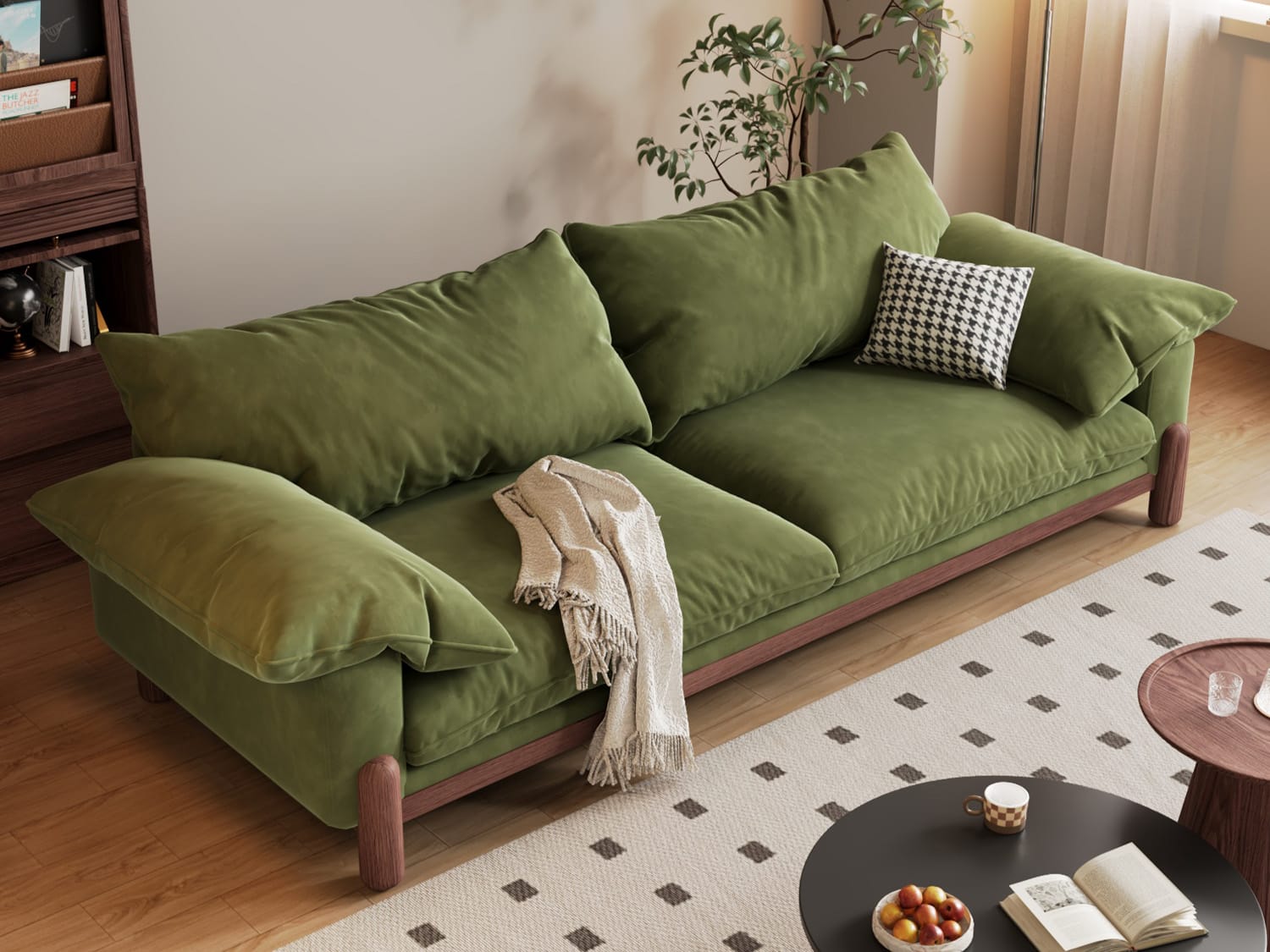 Dingo Modern Design Linen Rayon/Velvet Suede Sofa-Bean Green/Off-White ...