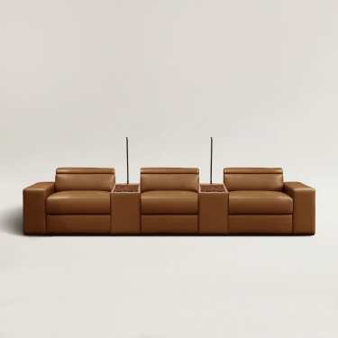 Piora Leather Modular Electric 3-Seater Recliners Lounge with USB chargers/Headrests/Footrests in Tan/Black/Oatmeal colour-With 2 Console