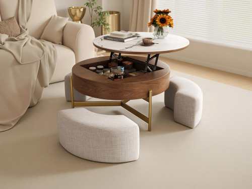 Vicuna Marble Sintered Stone Lift-Top Storage Coffee Table With Stools-Natural/Walnut