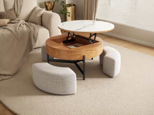 Vicuna Marble Sintered Stone Lift-Top Storage Coffee Table With Stools-Black Frame