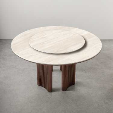 Avery Round Travertine Sintered Stone Dining Table-Walnut-With/Without Lazy Susan-120/135/150CM