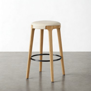 Mirani Leather Bar Stool-Oatmeal/Brown-Natural/Walnut Wooden Frame